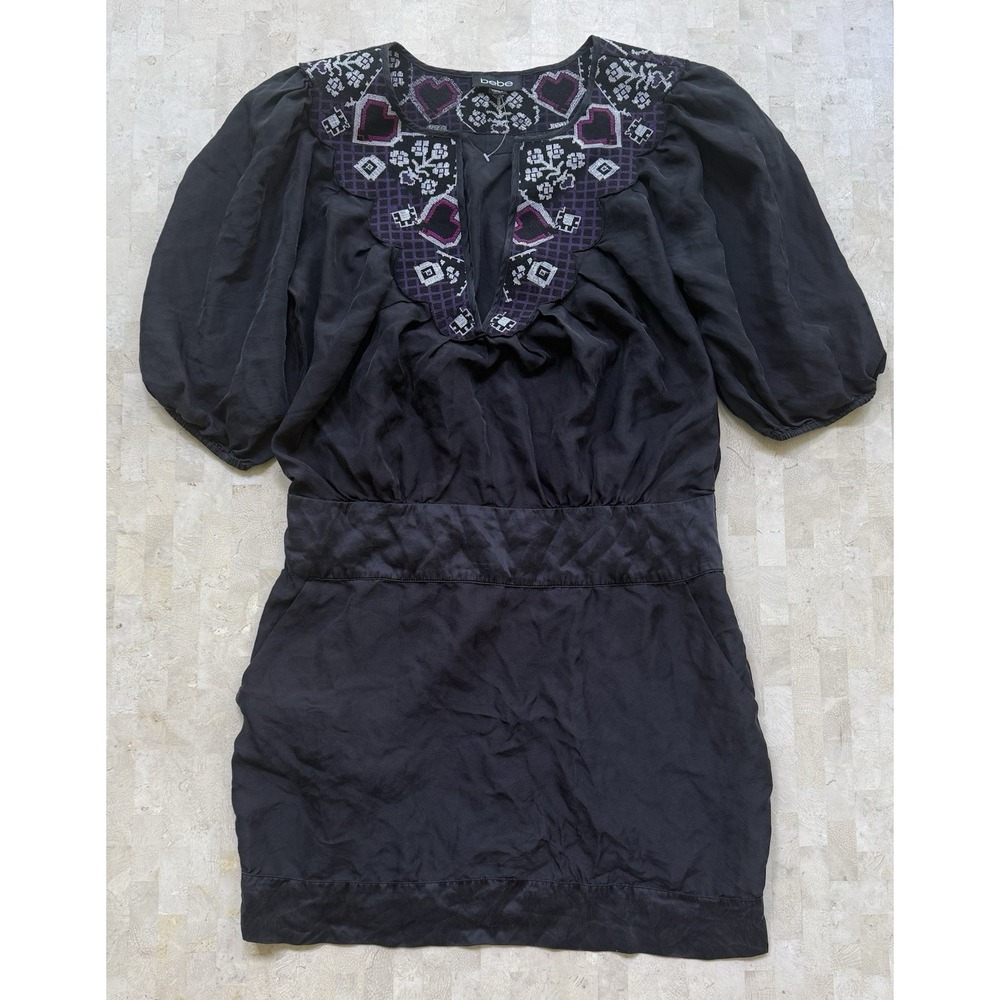 Bebe Black Embroidered Arion Silk Dress Puff Sleeve Embroidered‎ Hearts Y2K Sz M